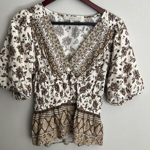 LOFT Women's Floral Print Top - Brown and Cream
